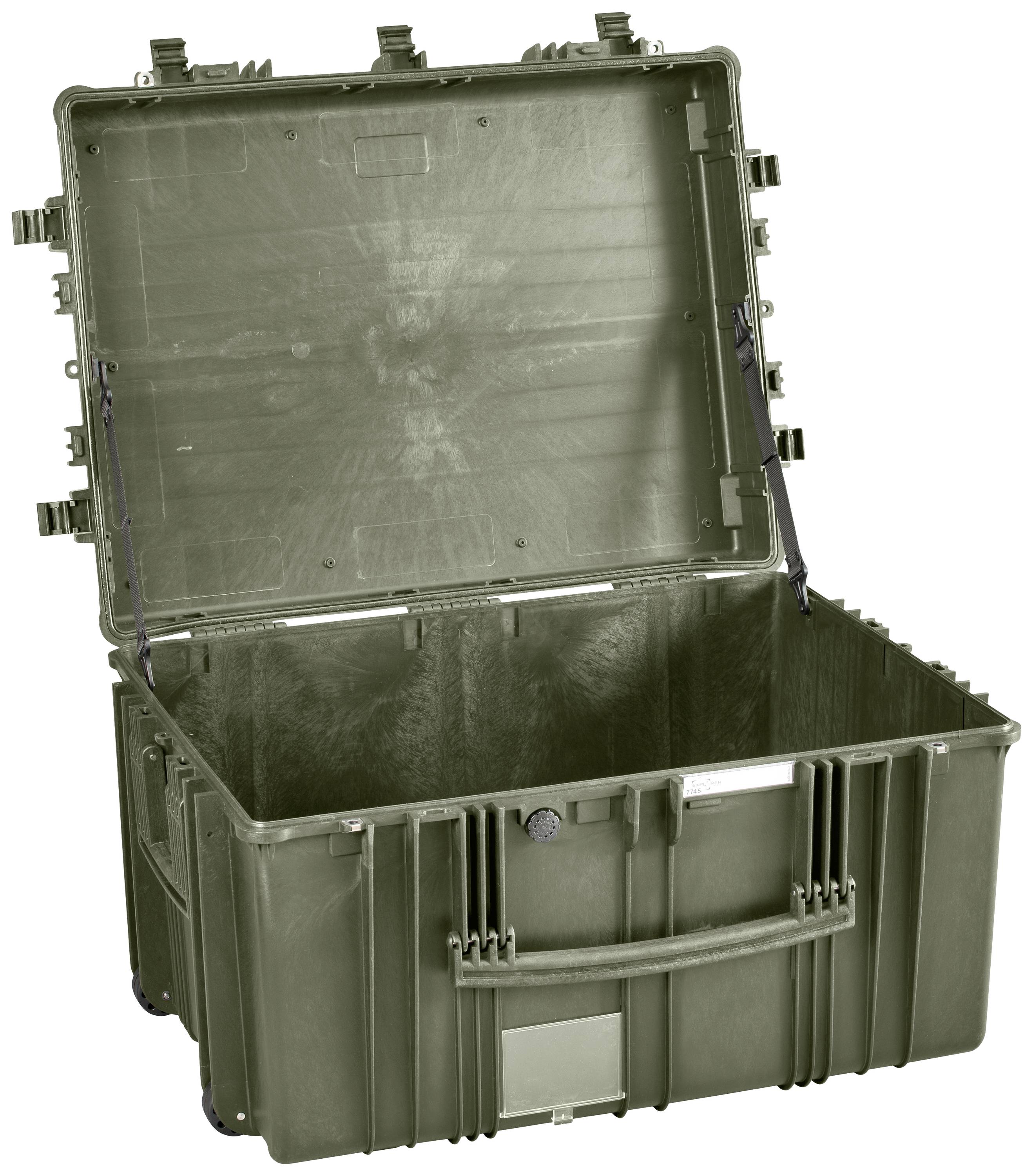 Green, open, rectangular plastic transport crate with reinforced corners and handles, suitable for robust use.