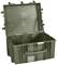 Green, open, rectangular plastic transport crate with reinforced corners and handles, suitable for robust use.
