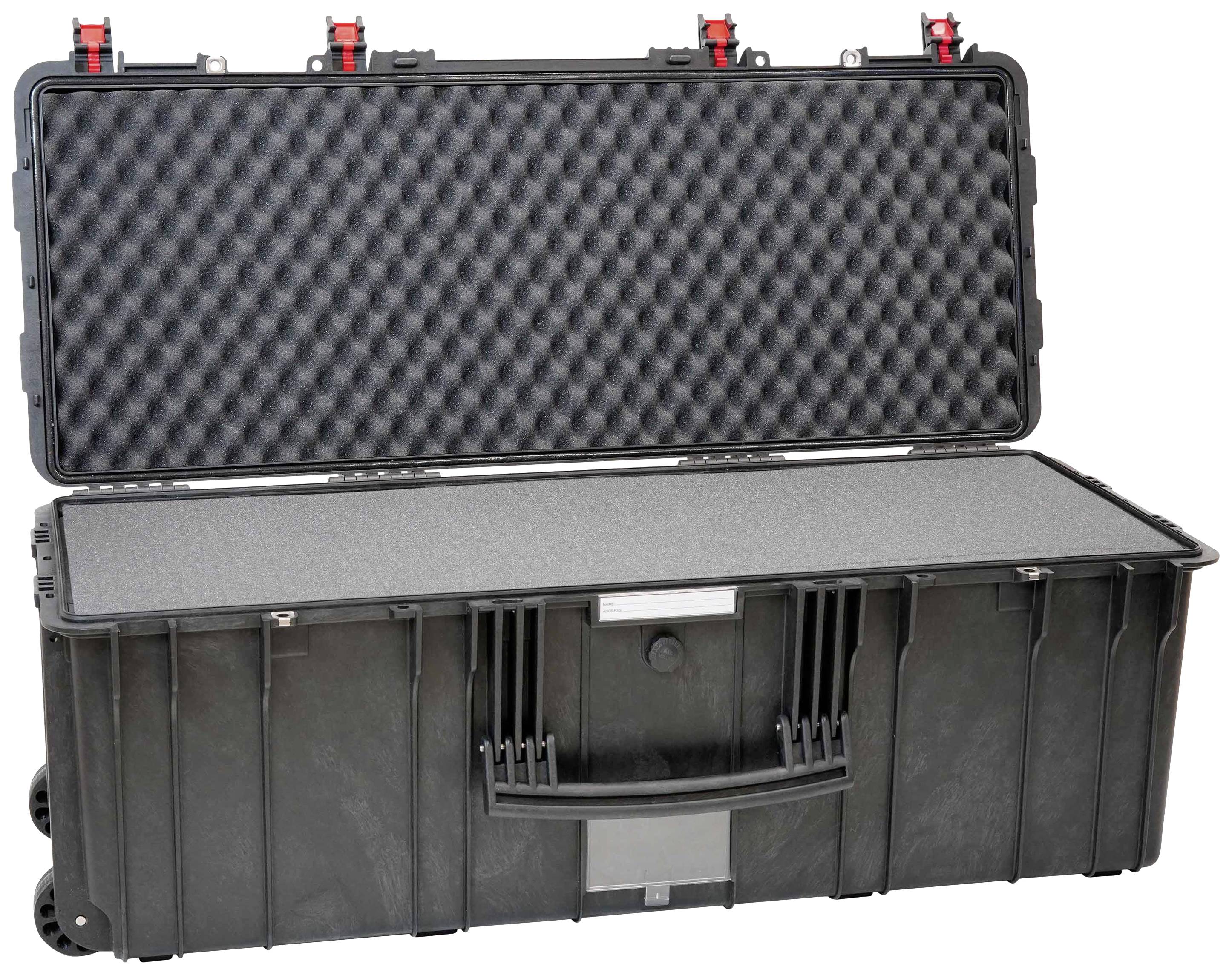 Black protective case with lid opened, foam lining inside. Suitable for transporting sensitive equipment.