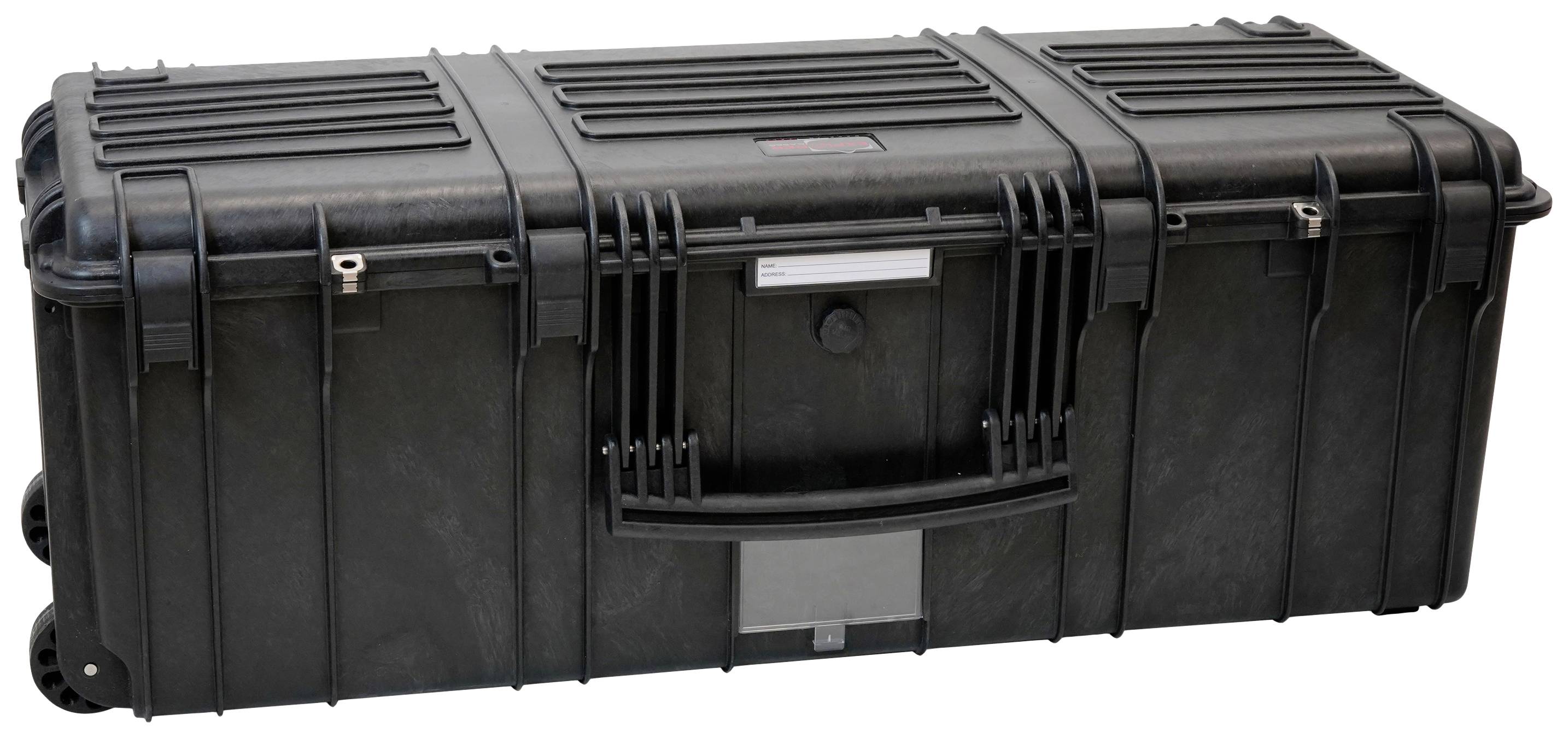 A robust, black transport case with handle and wheels, suitable for the secure transportation of sensitive equipment.