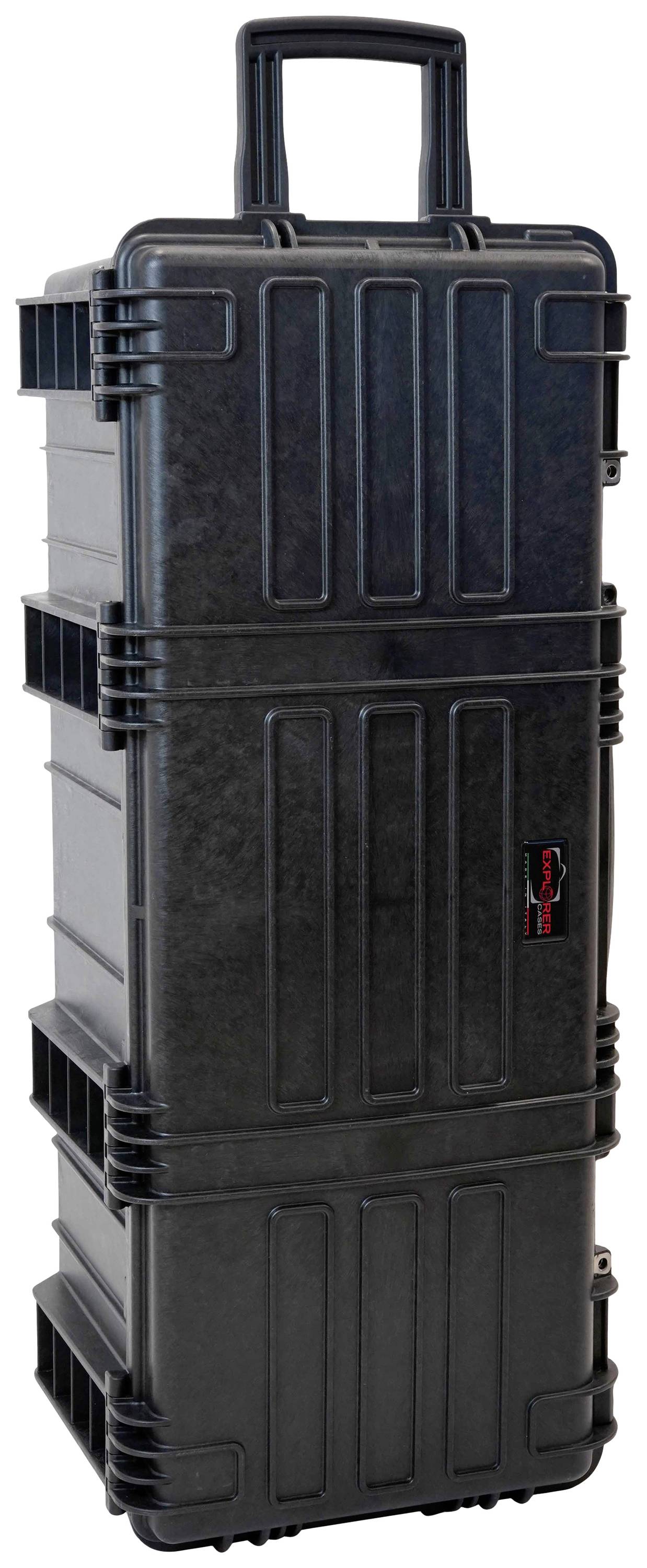 A large, black, vertical plastic case with handles and locks, suitable for the secure transportation of items.