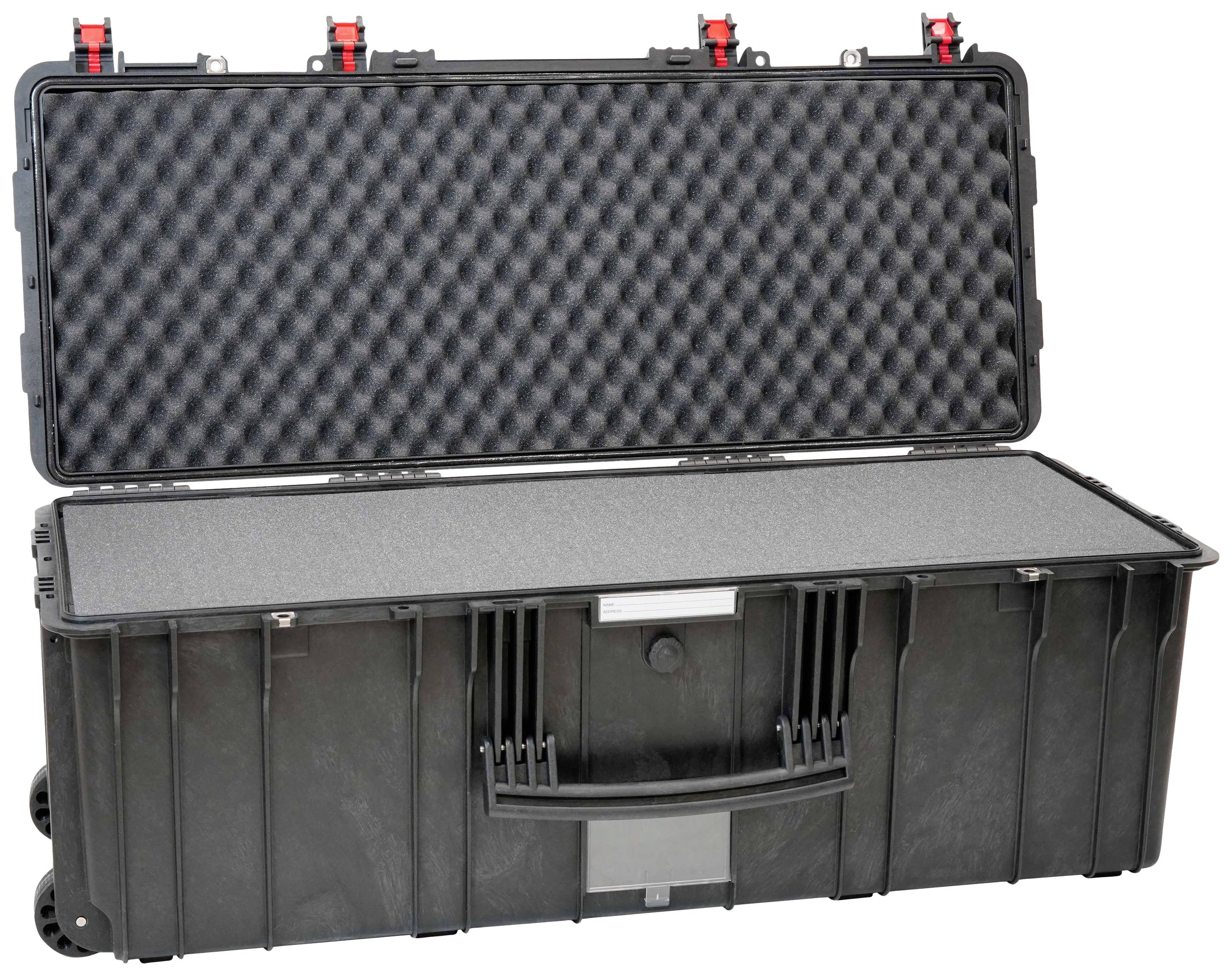 Black, robust transport case with foam padding, opened. Suitable for secure transportation of delicate equipment.