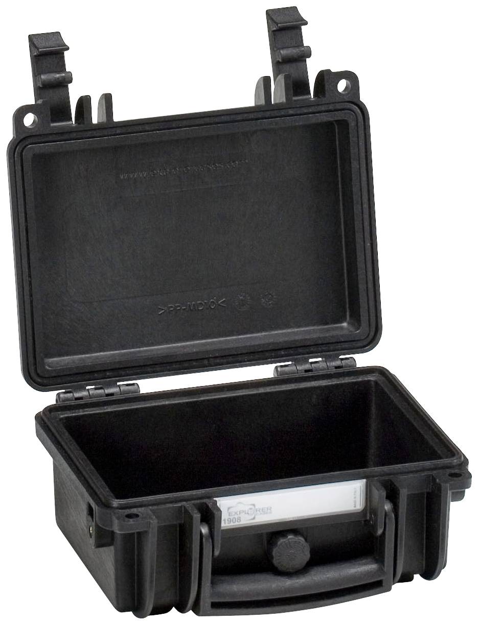 Black, open protective case with robust plastic housing and snap locks. Suitable for securely storing devices.