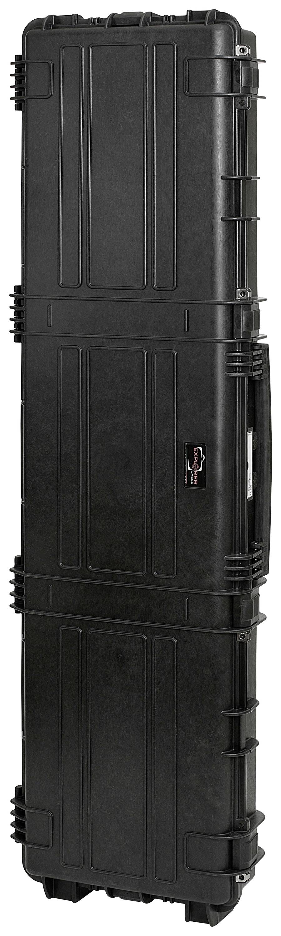 Large black rectangular hard-shell suitcase, standing vertically, with carrying handle and multiple locks, suitable for transportation.