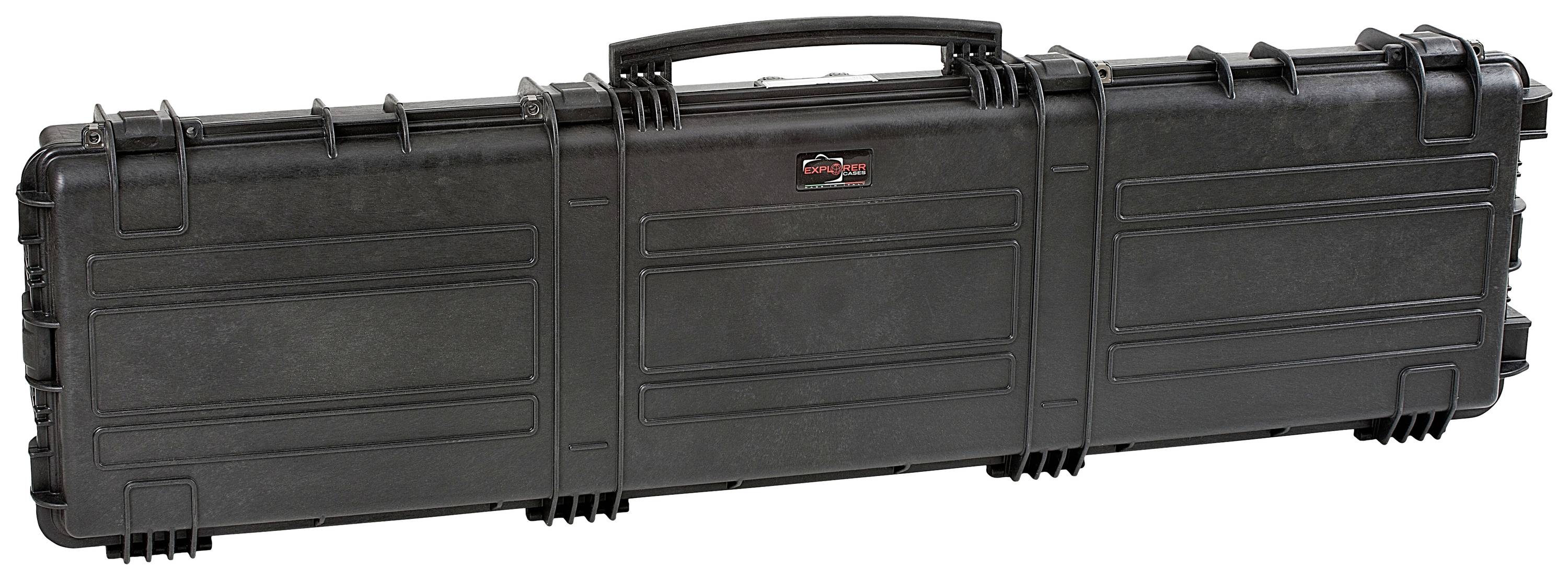 Black, rectangular hard-shell case with carry handle, suitable for the secure transportation of items, presumably a rifle.
