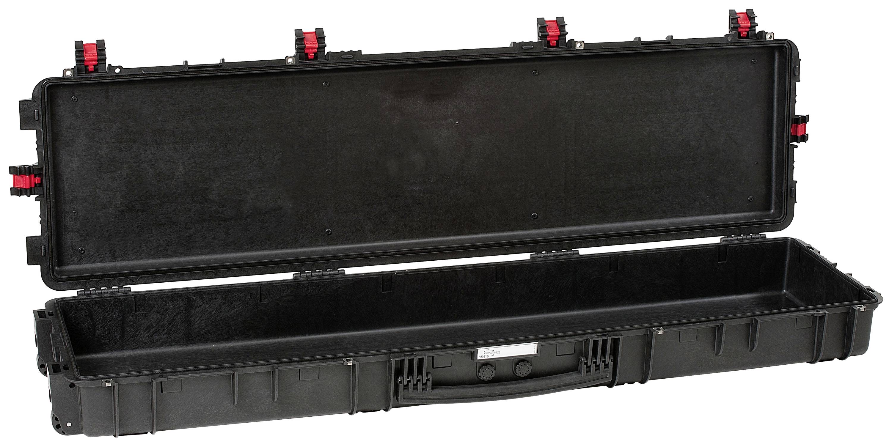 Black, open hard-shell case with red latches, suitable for storing and transporting delicate equipment.