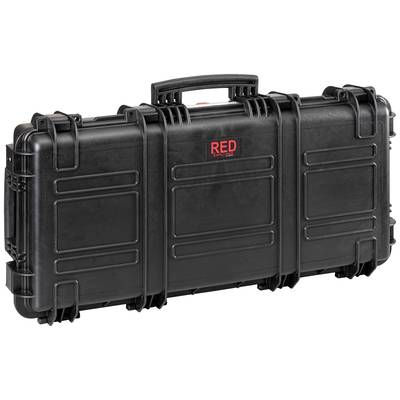 Black hard-shell suitcase with red 'RED' logo on top. Sturdy and lockable, suitable for securely transporting delicate equipment.