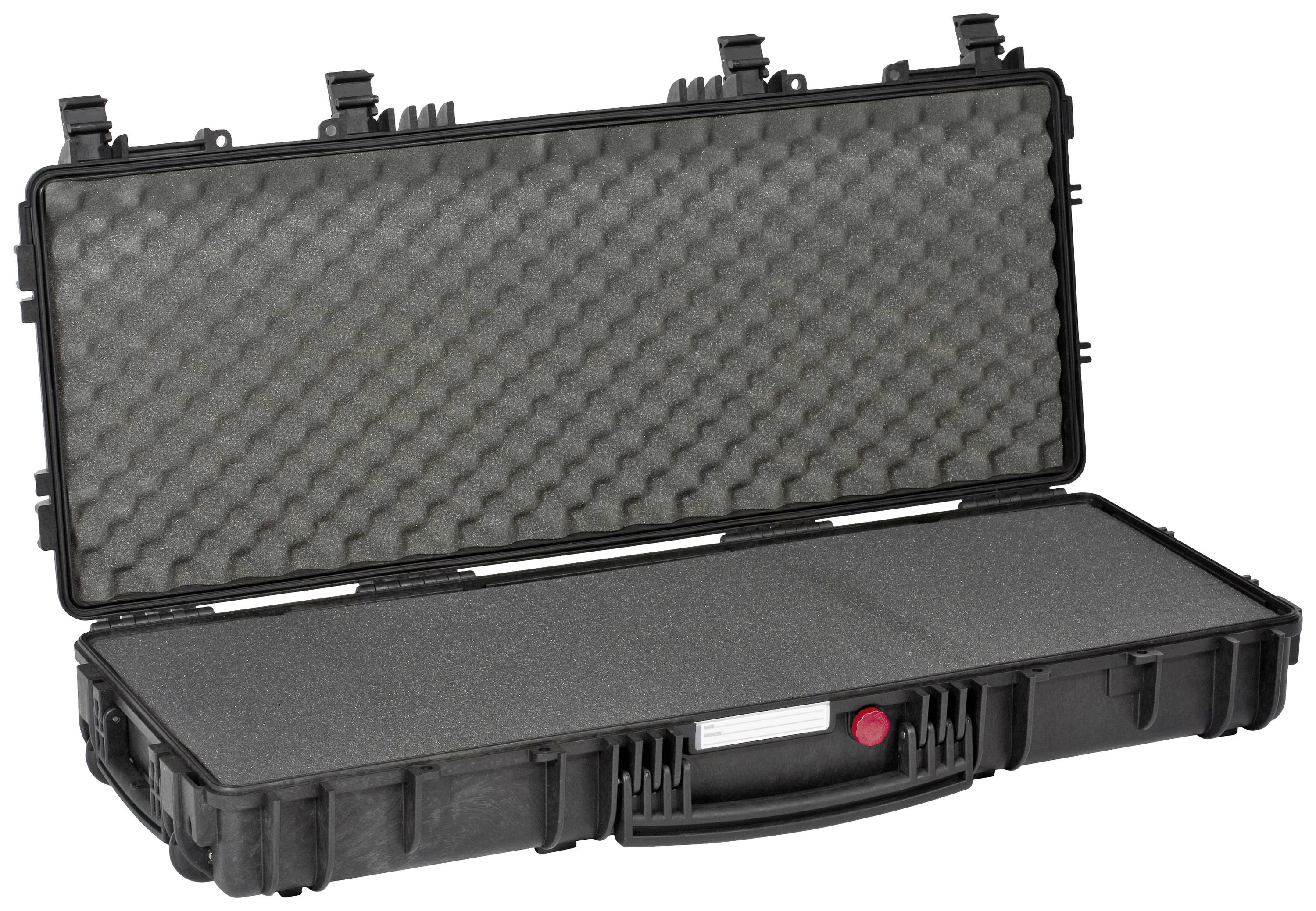 An open, black hard-shell case with foam inserts for the secure storage of delicate items.