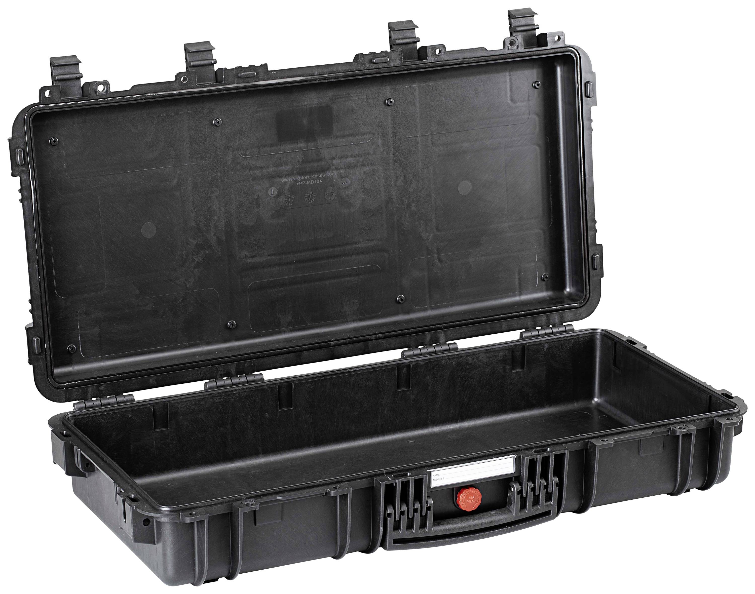 Black hard-shell suitcase with an open lid. The suitcase is robust and provides protection for delicate equipment or gear.
