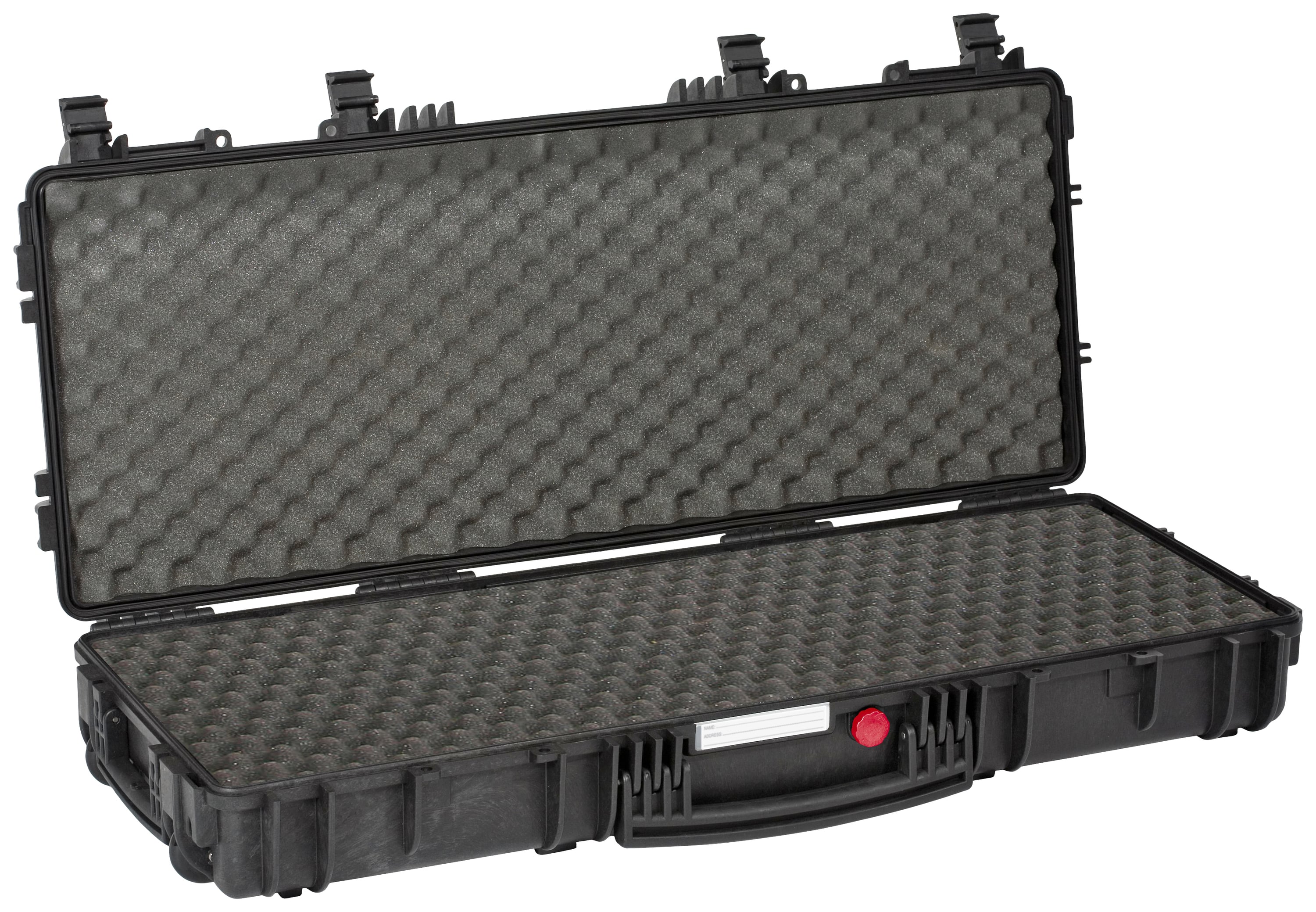 Black, open hard-shell case with foam padding, suitable for secure transportation of delicate items.