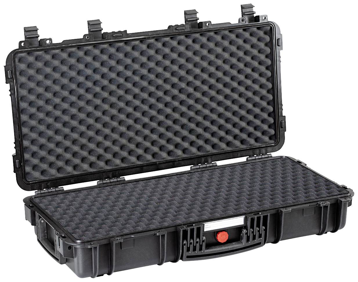 Black, open protective case with foam lining, suitable for safely transporting delicate equipment.