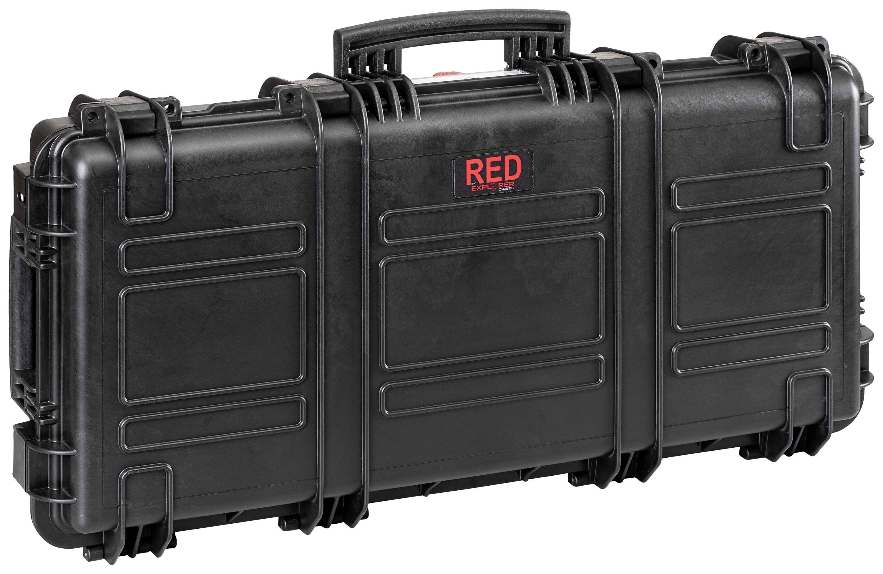 Black, robust transport case with 'RED' inscription; suitable for the secure transportation of delicate equipment.