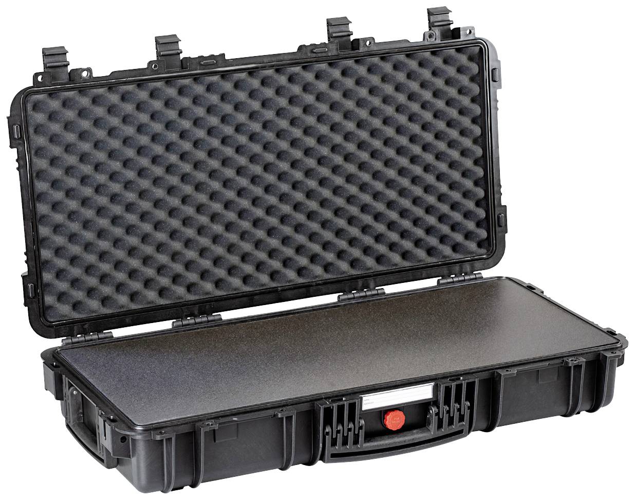 Open black protective case with foam-padded lid, suitable for securely storing delicate items.