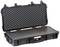 Open black protective case with foam-padded lid, suitable for securely storing delicate items.