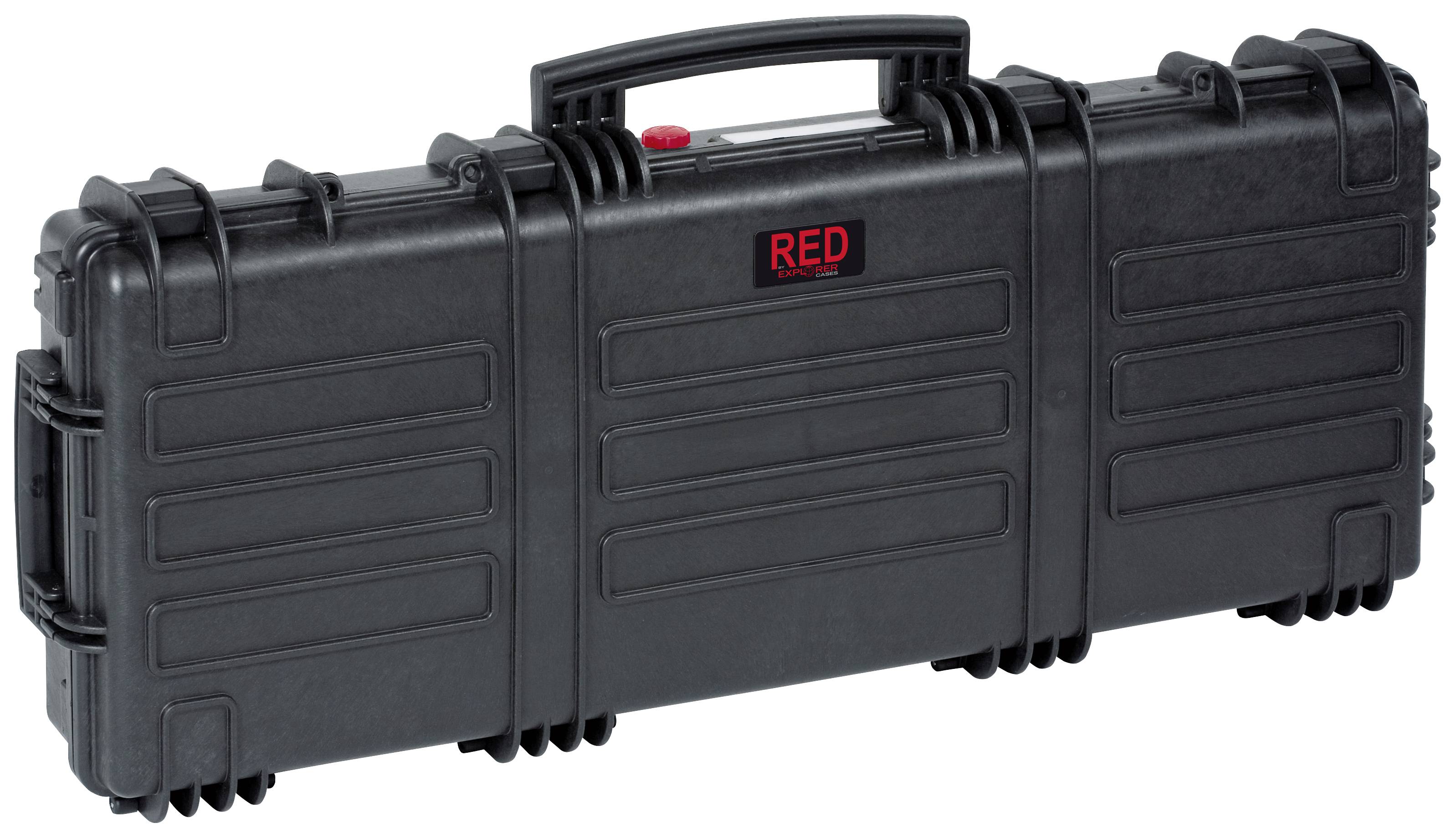 Black, waterproof hard-shell suitcase with carrying handle and red 'RED' logo in the centre of the case. Suitable for secure transportation.
