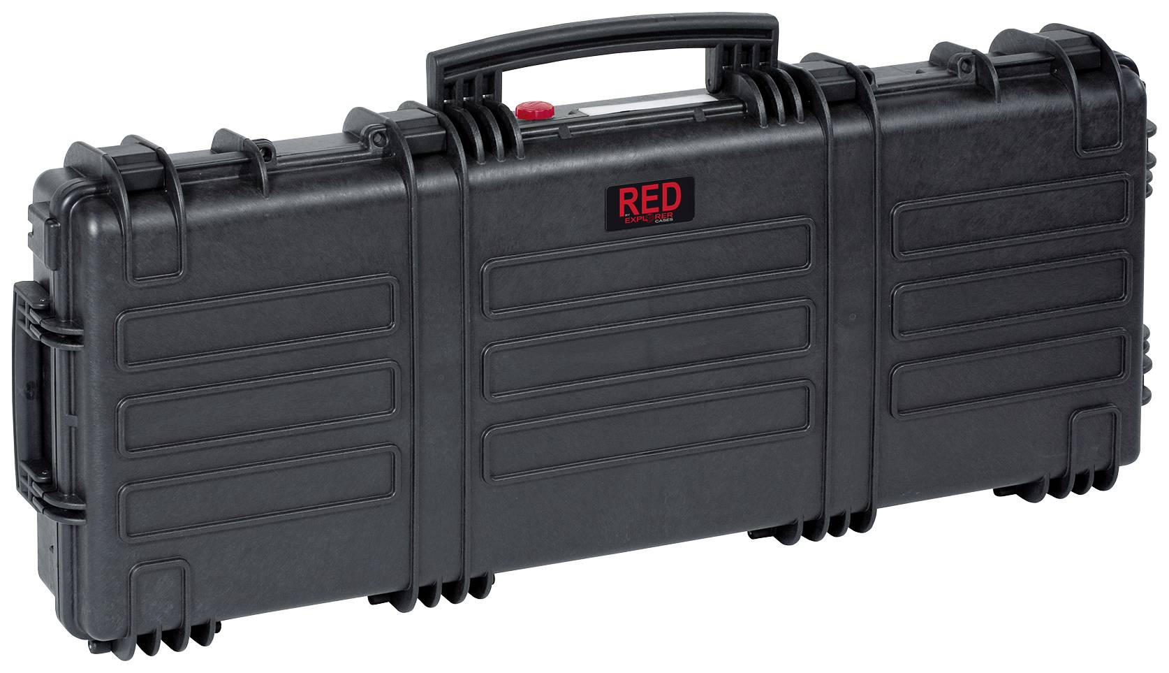 Black hard-shell suitcase with 'RED' printed on the front, suitable for safely transporting delicate equipment.