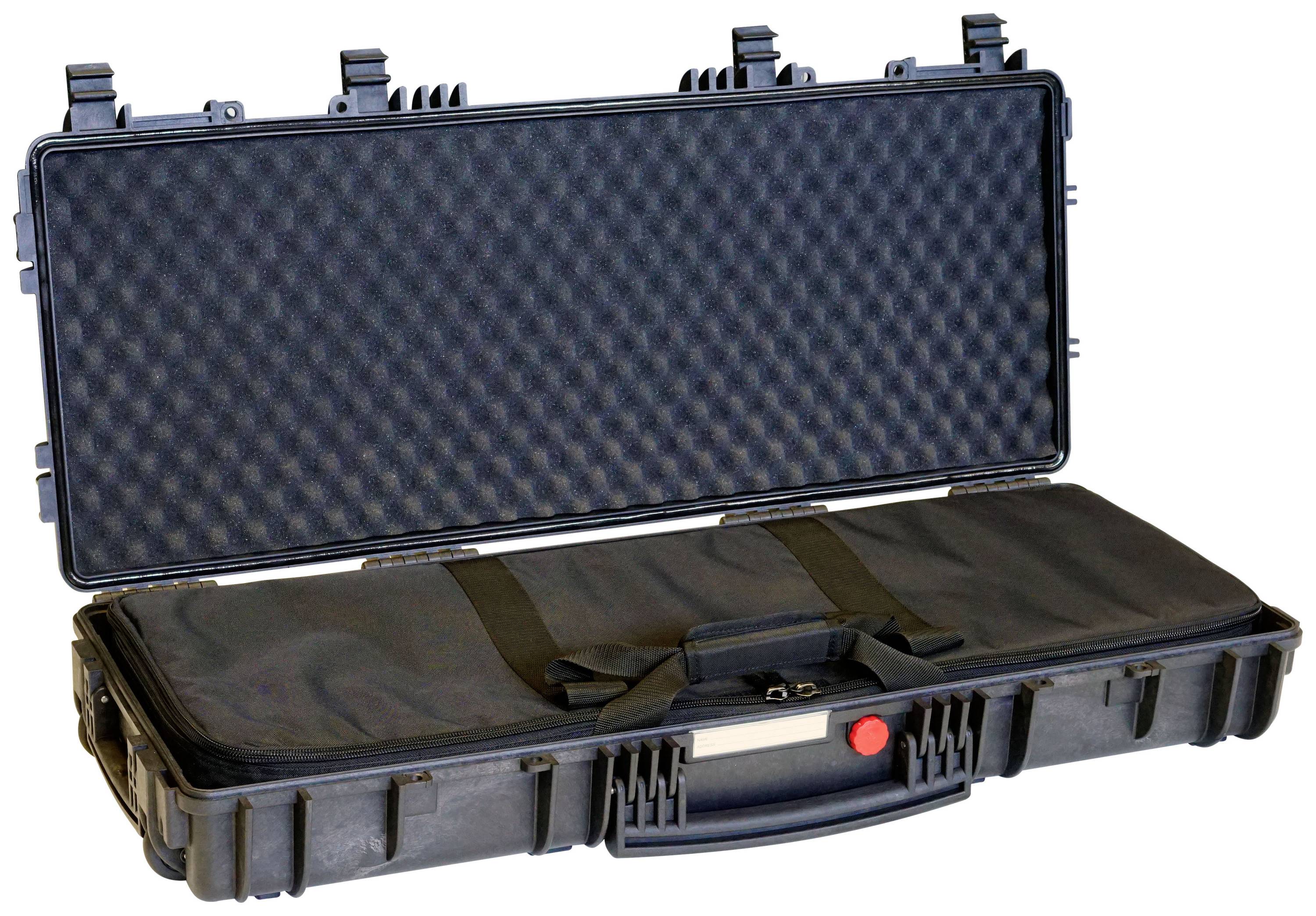 An open, black transport case with foam lining. The case is empty and ready to securely transport equipment.