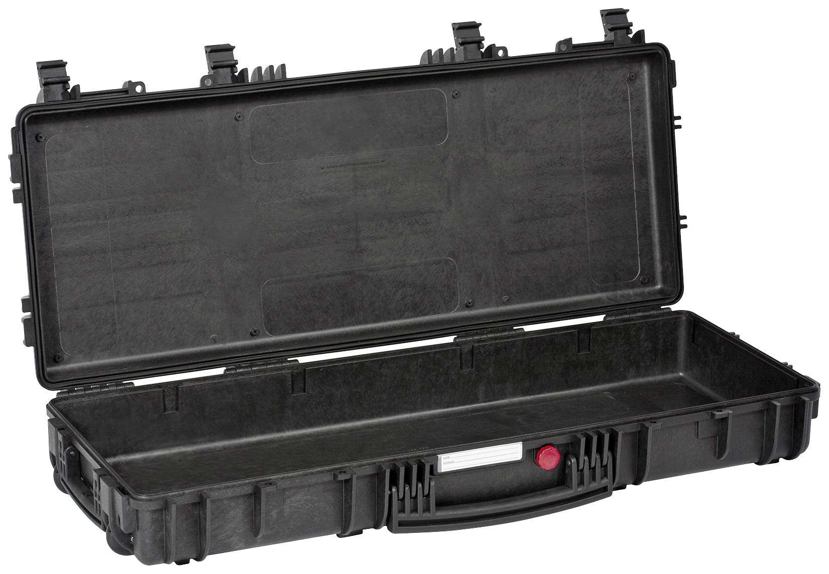 A robust, open black plastic case with side buckles and a handle, suitable for the secure transportation of devices.