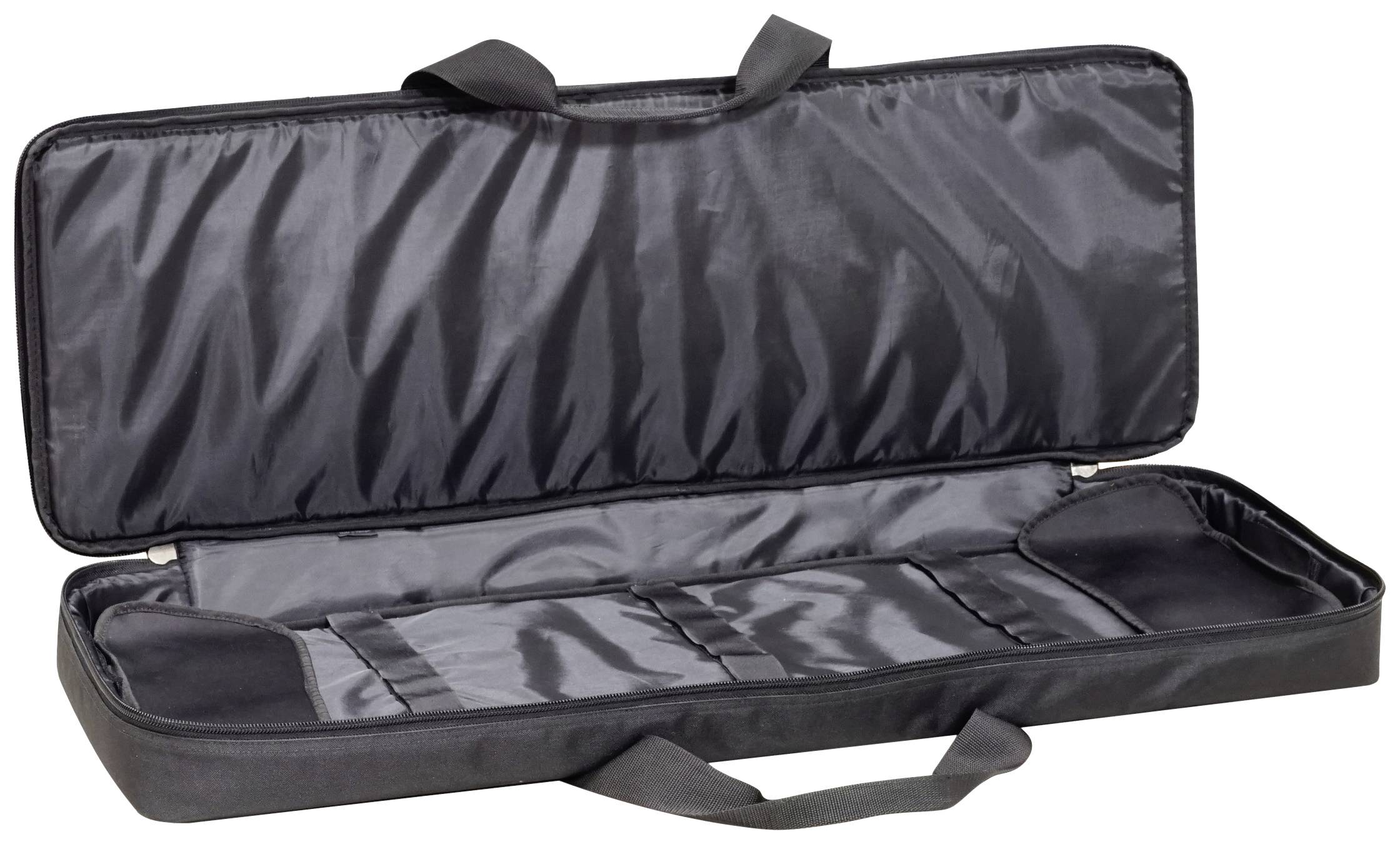 Opened black violin case with carrying handles, showing interior padding and compartments.