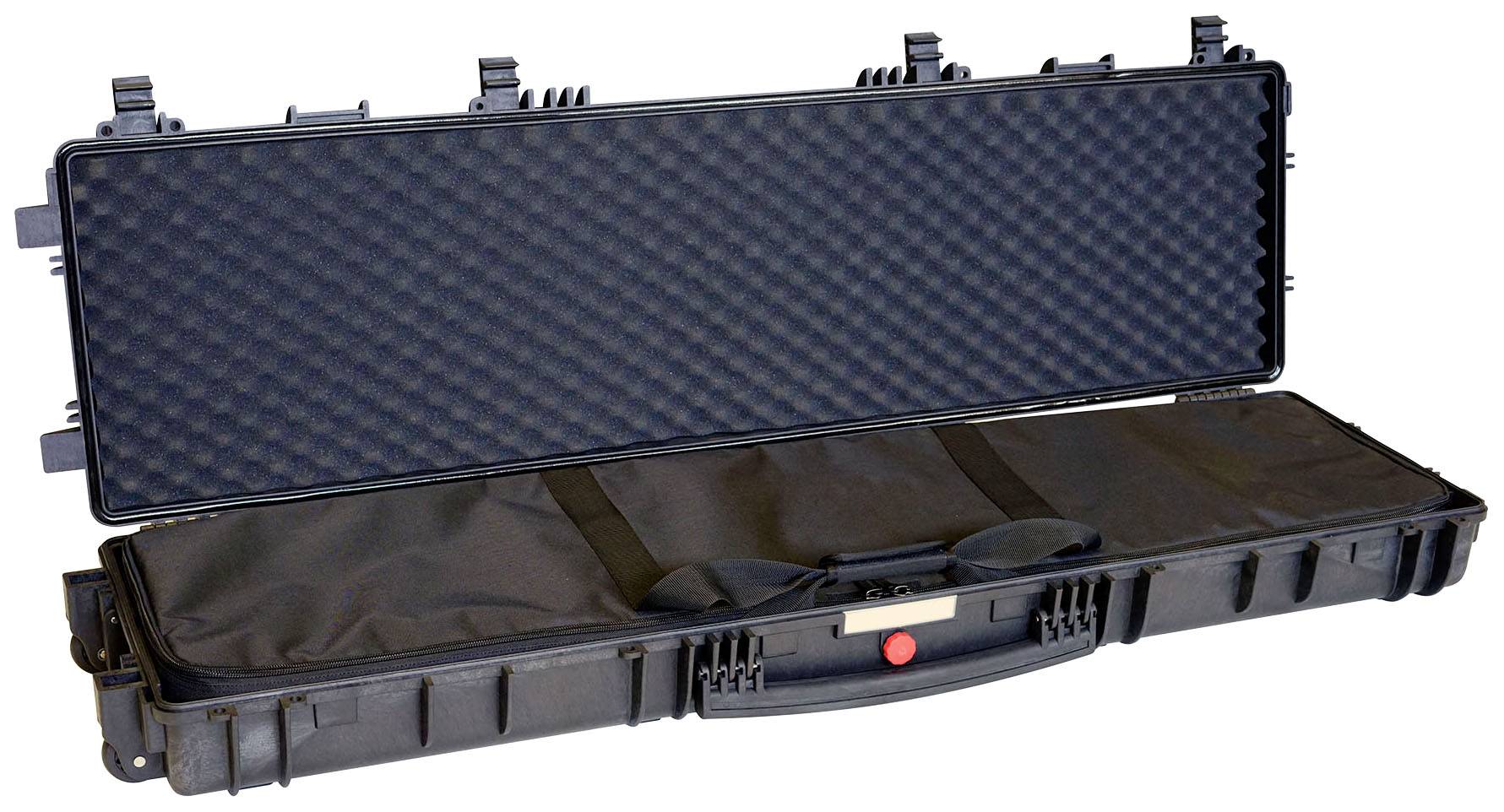 Black hard-shell case with foam padding, opened, reveals spacious interior compartment for securely transporting delicate items.