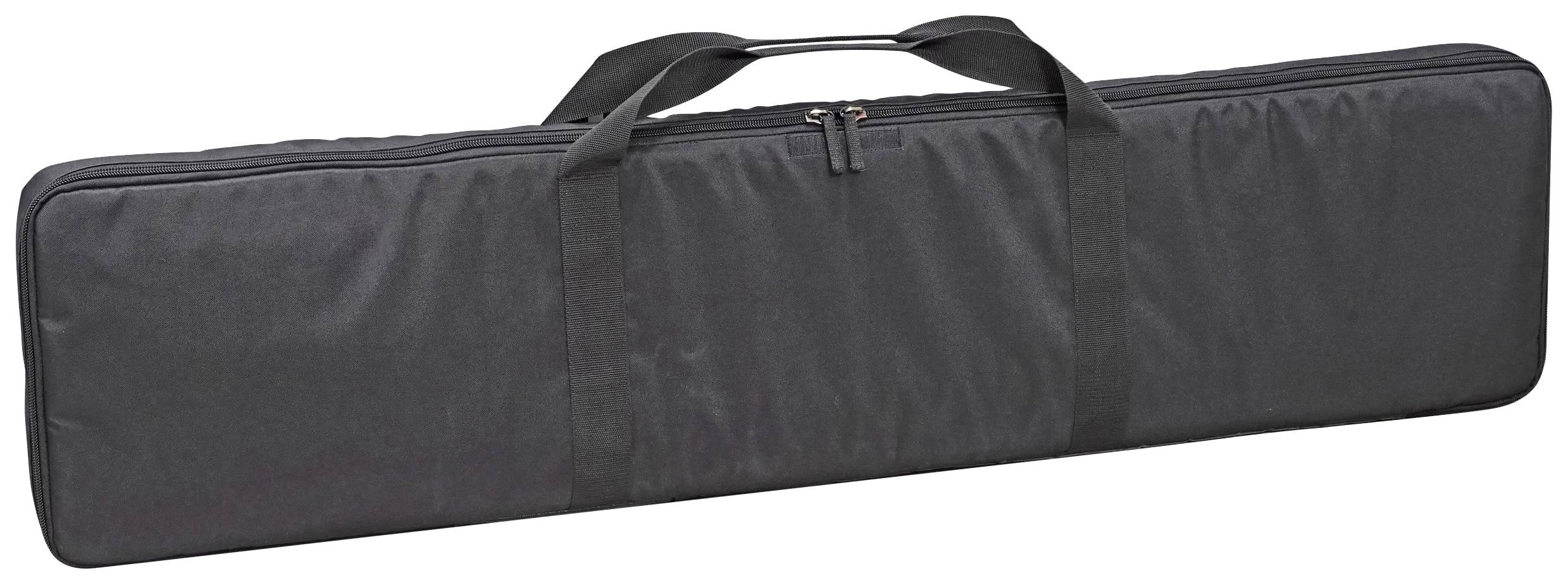 Black instrument case with two carry handles and zip, suitable for transporting a keyboard.