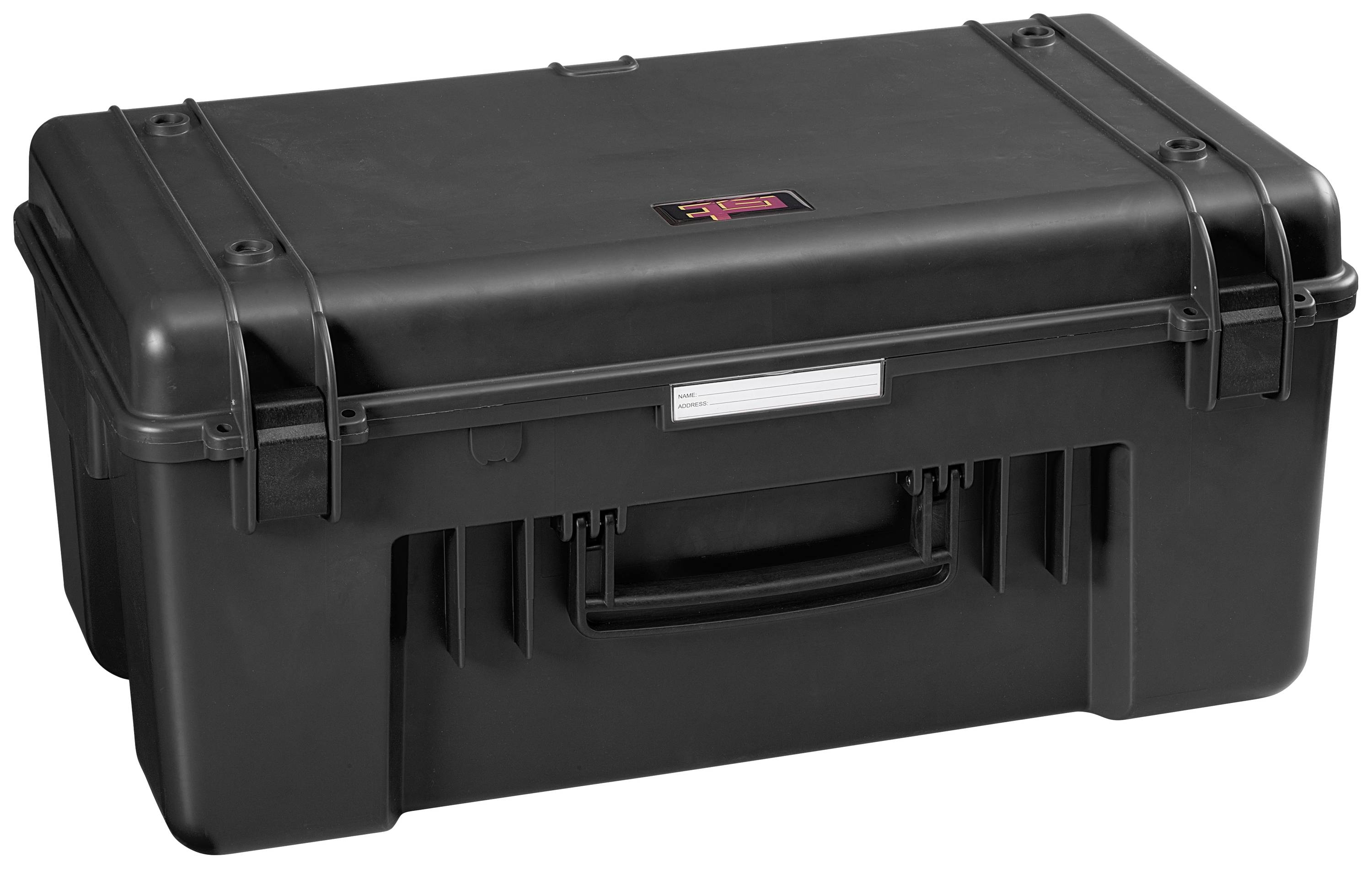 A black, robust device case with carry handle and snap locks. Suitable for the secure transportation of delicate equipment.