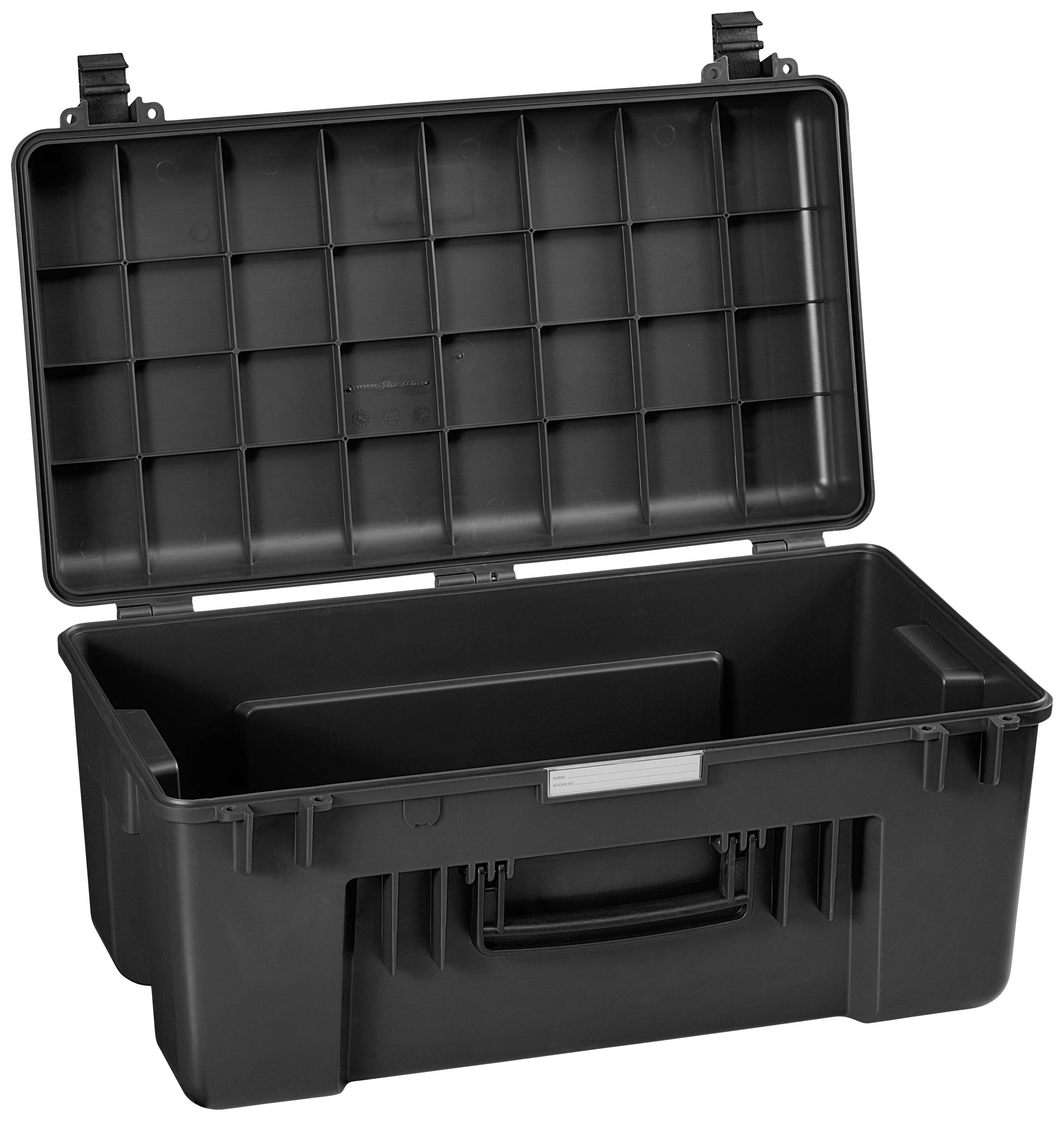 A large black plastic case with an open lid and handle. The interior is empty and shows a gridded structure in the lid.