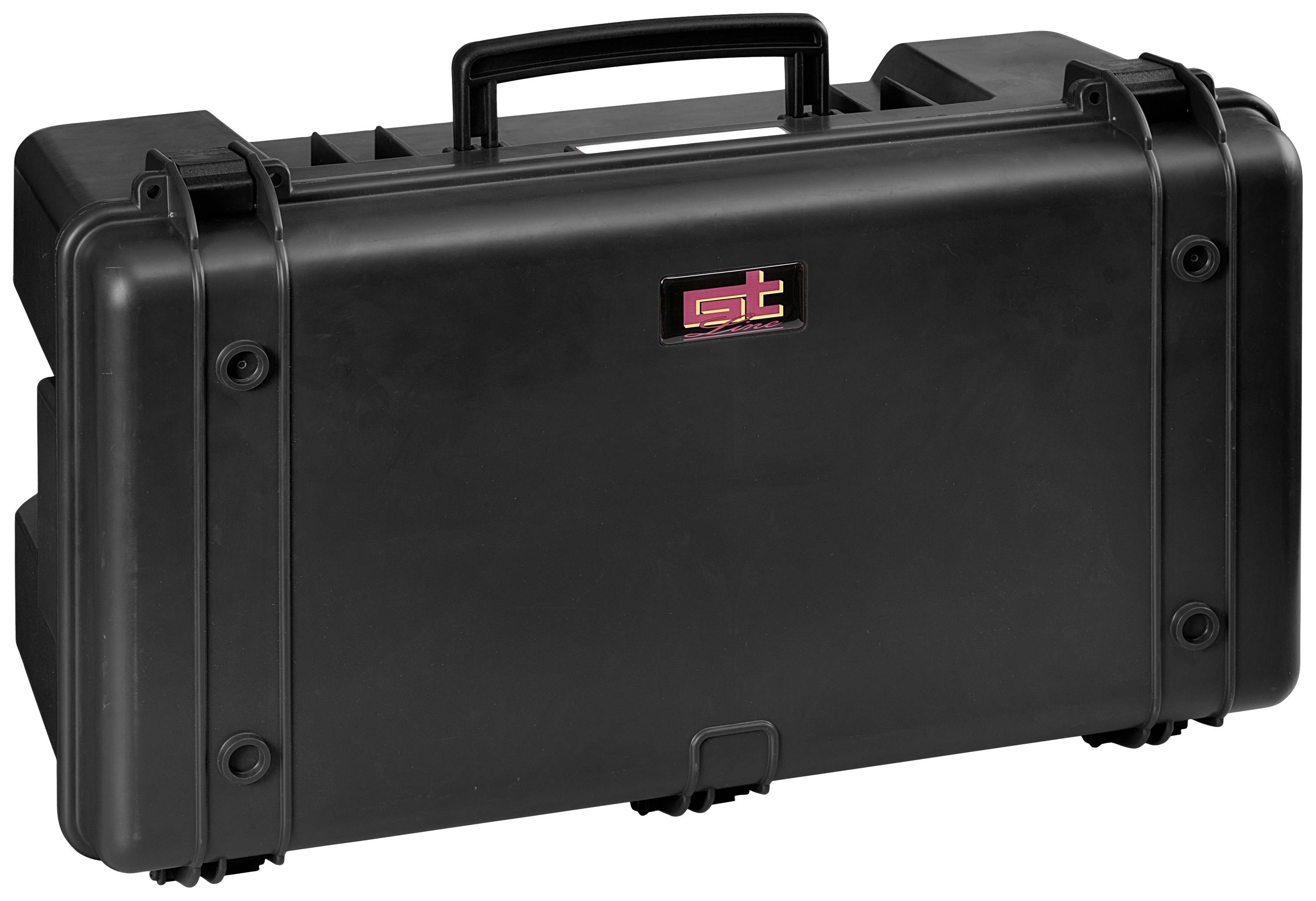 Black hard-shell suitcase with handle, robust design, suitable for safe transportation of delicate items.