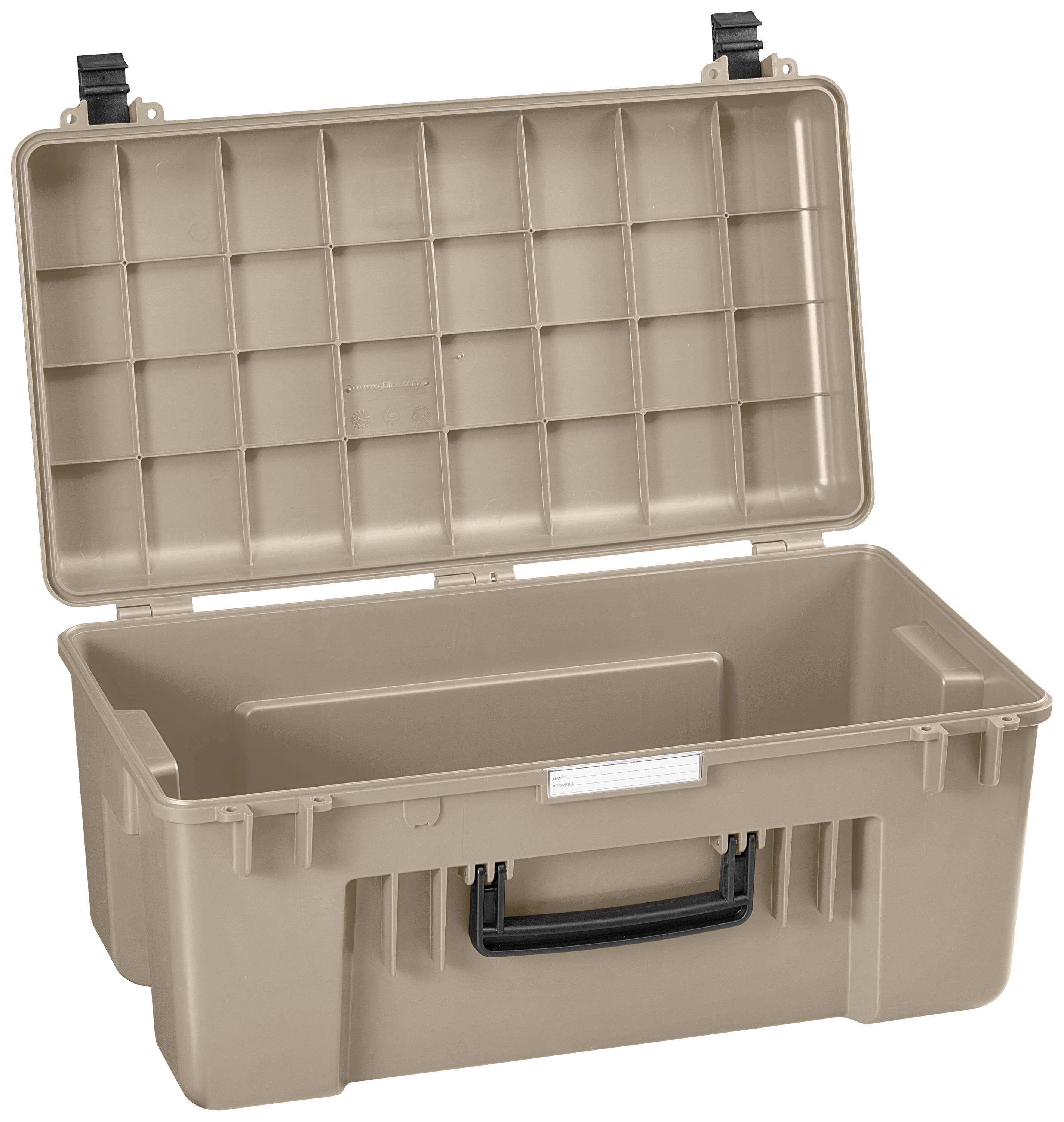 Beige plastic case with an open lid and black handle, suitable for storing tools or equipment.