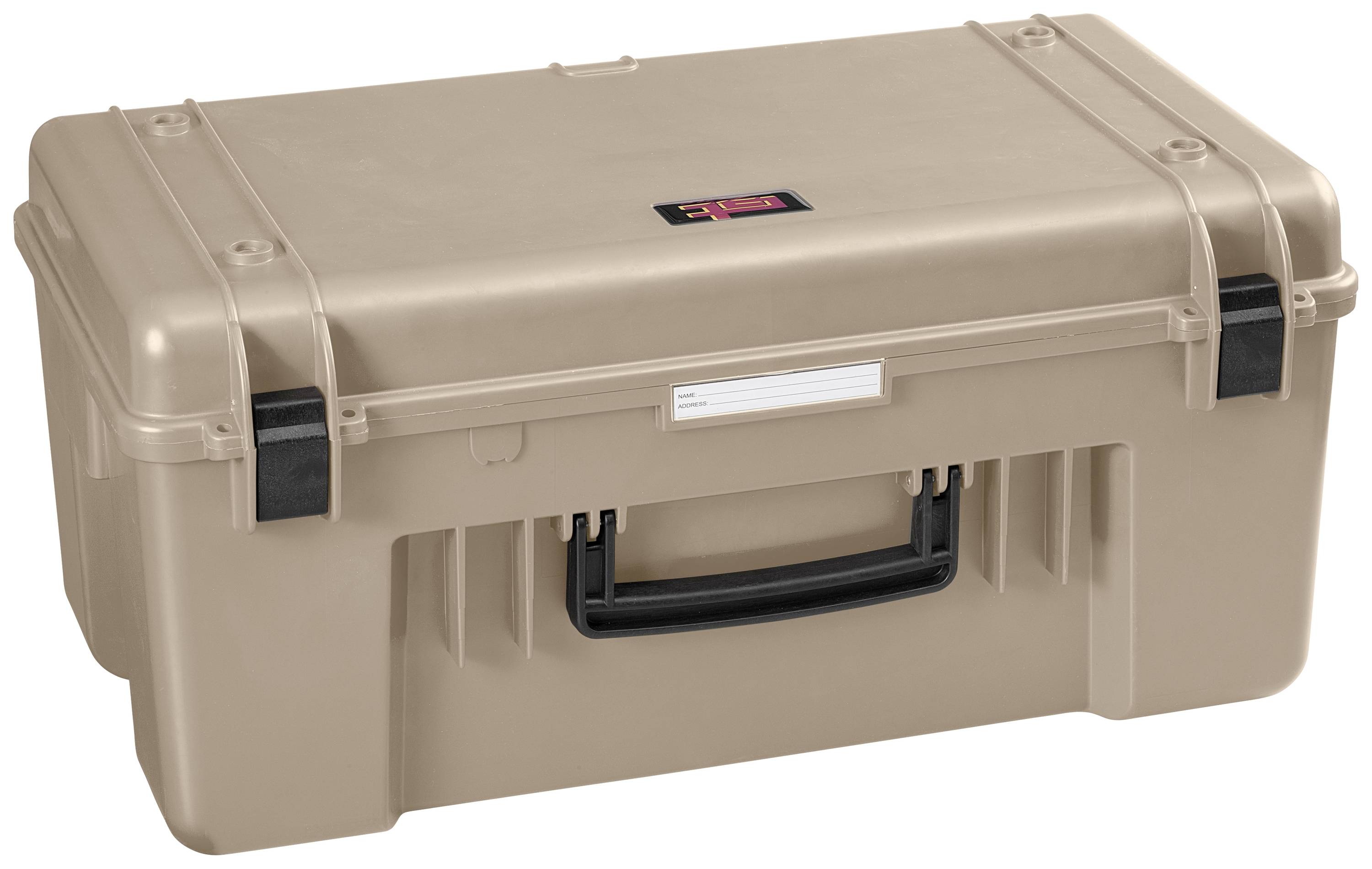 Beige, robust suitcase with a black handle and red label on the top. Suitable for securely transporting items.