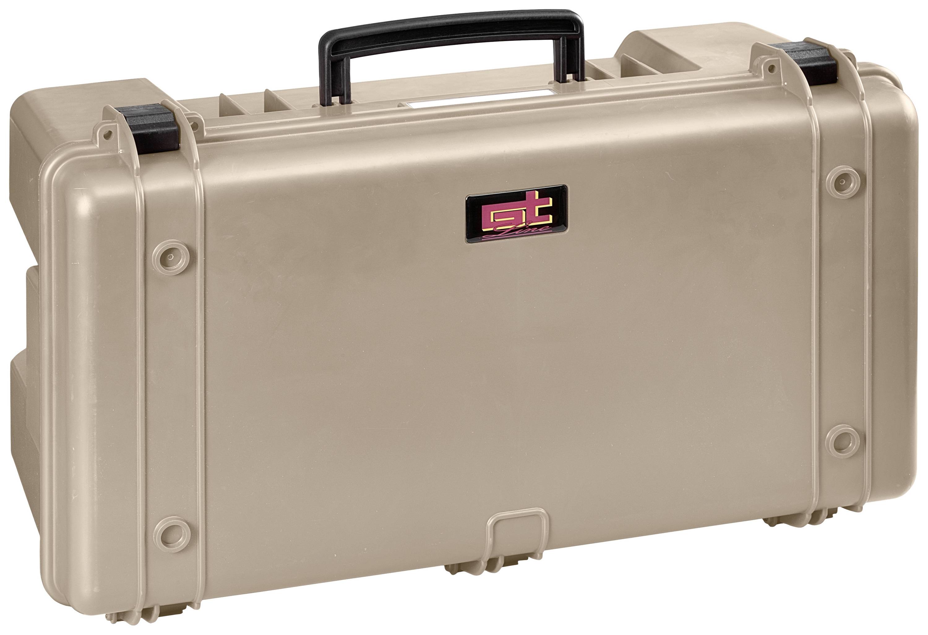 A beige, robust suitcase with a black handle and logo on the front, suitable for safely transporting delicate items.