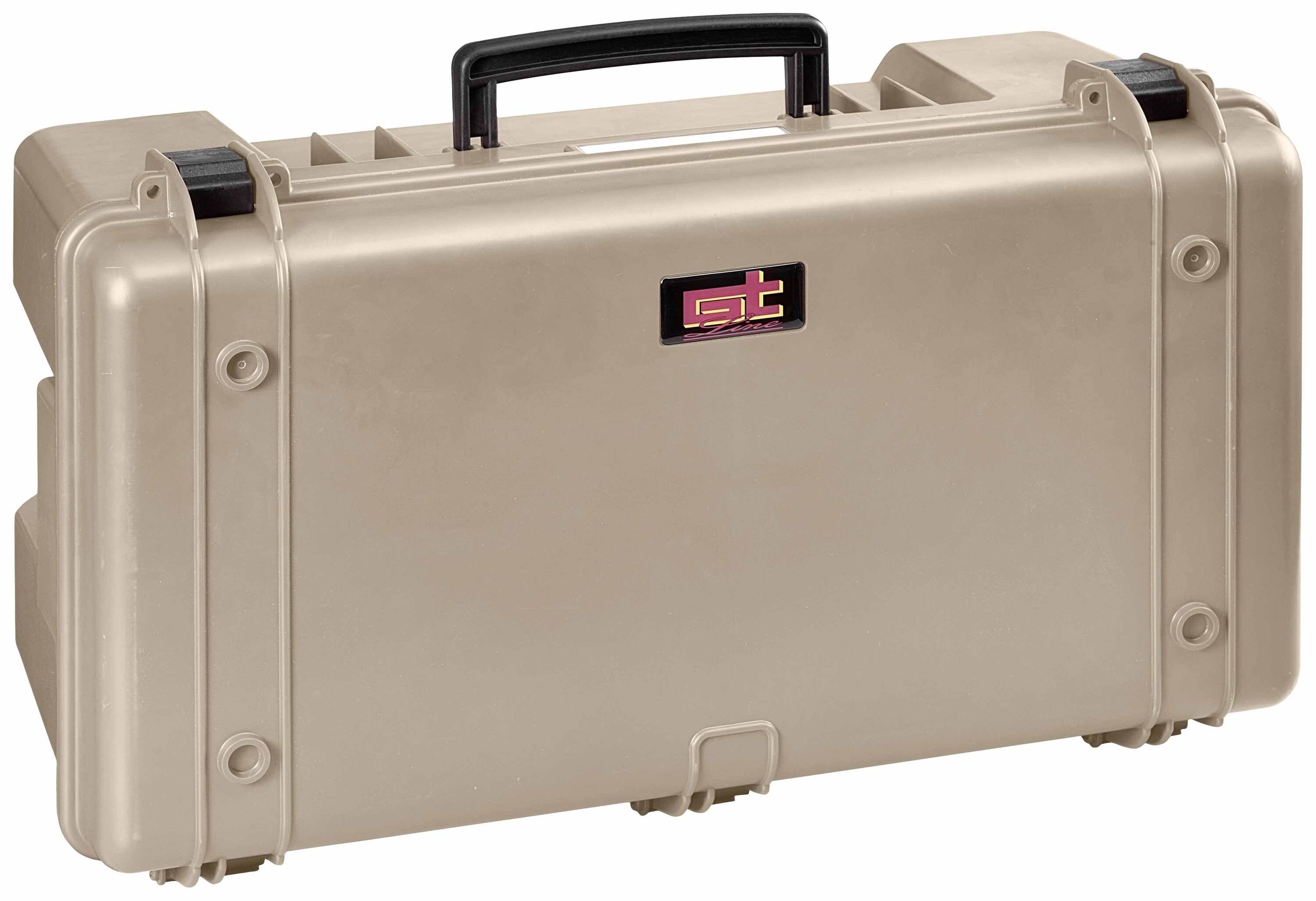 A robust, beige plastic case with a black handle; suitable for safely transporting delicate items.