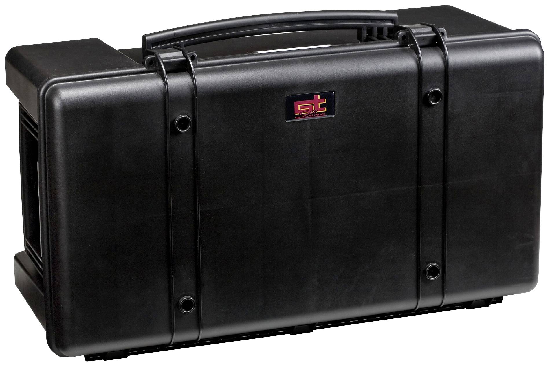 Black, robust hard-shell suitcase with handle and locks, suitable for secure transportation of delicate items.