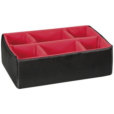Black organiser with red inner lining, divided into six compartments for storing smaller items.