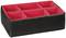 Black fabric storage box with red interior, divided into six compartments. Suitable for organised storage of smaller items.