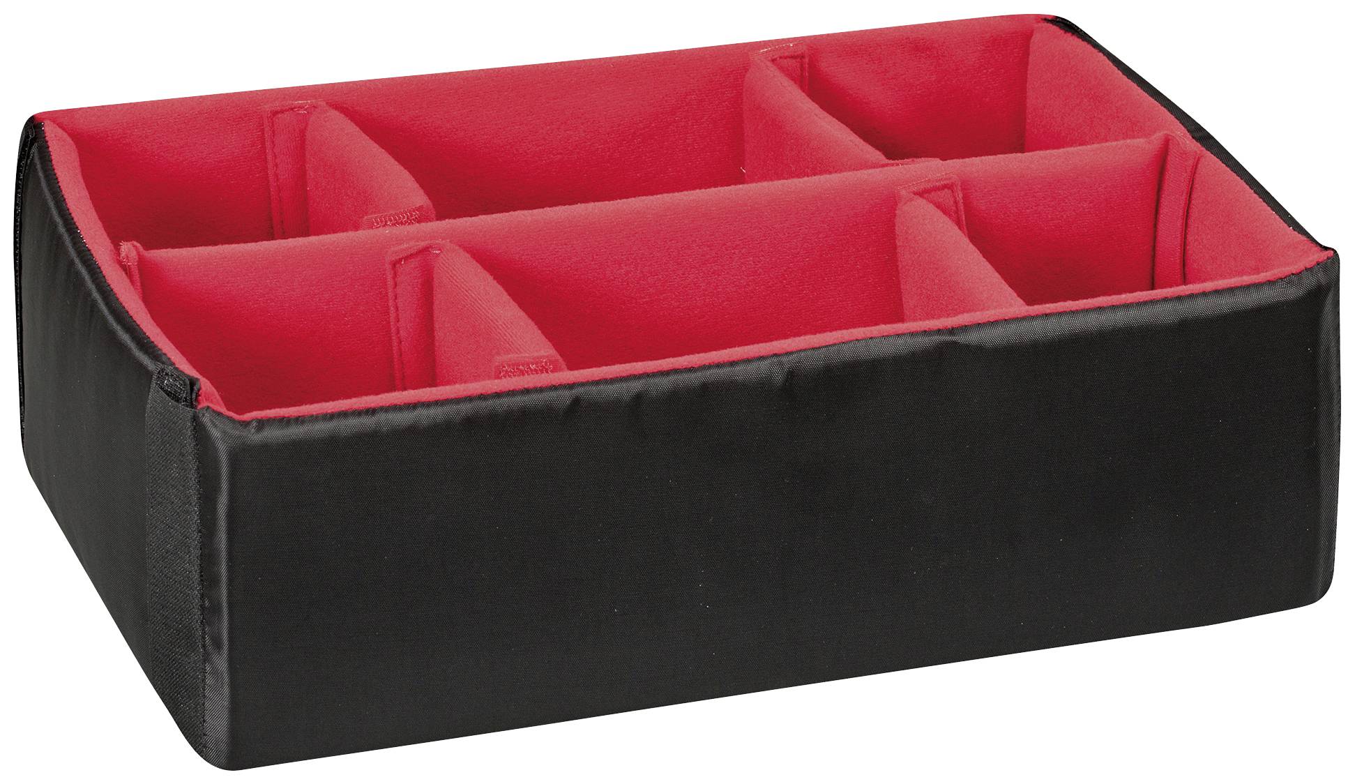 Black, rectangular organiser with red interior lining and four equally sized compartments for storing items.