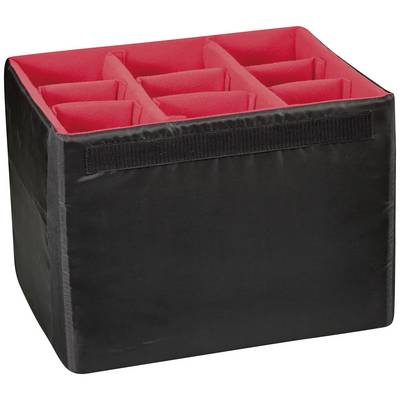 Black rectangular suitcase with red inner lining and multiple padded compartments for secure storage of items.