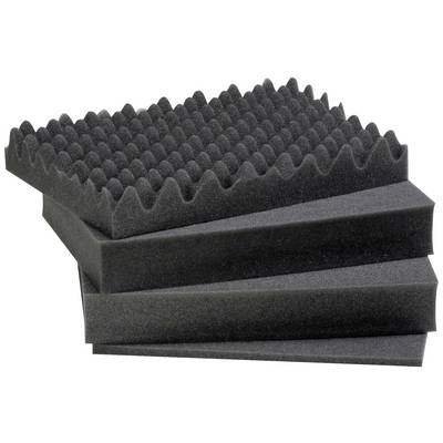 Four stacked acoustic foam panels, one with a wave-shaped surface, used for sound insulation.