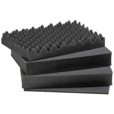 Four foam panels, two with a pyramidal surface for sound absorption, are stacked on top of each other.