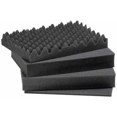 Four black foam panels, one with pyramid-shaped peaks and the others smooth, stacked. Used for sound insulation.