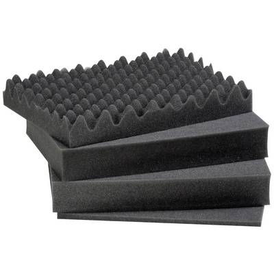 Stacked acoustic foam panels with a wave-like surface for sound absorption. They are black and rectangular.