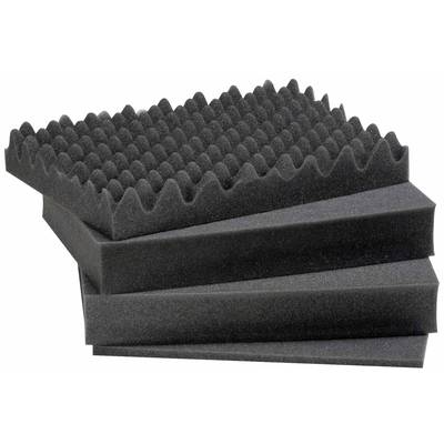 Black acoustic foam with pyramidal patterns, stackable. Used for sound absorption in studios or rooms.