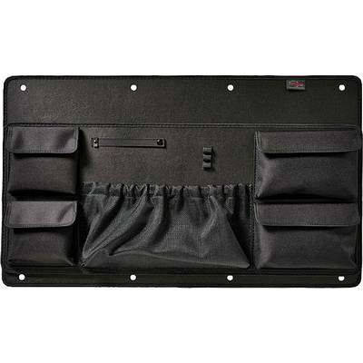 Black organiser bag with multiple compartments and pockets for wall mounting, suitable for tools or accessories.