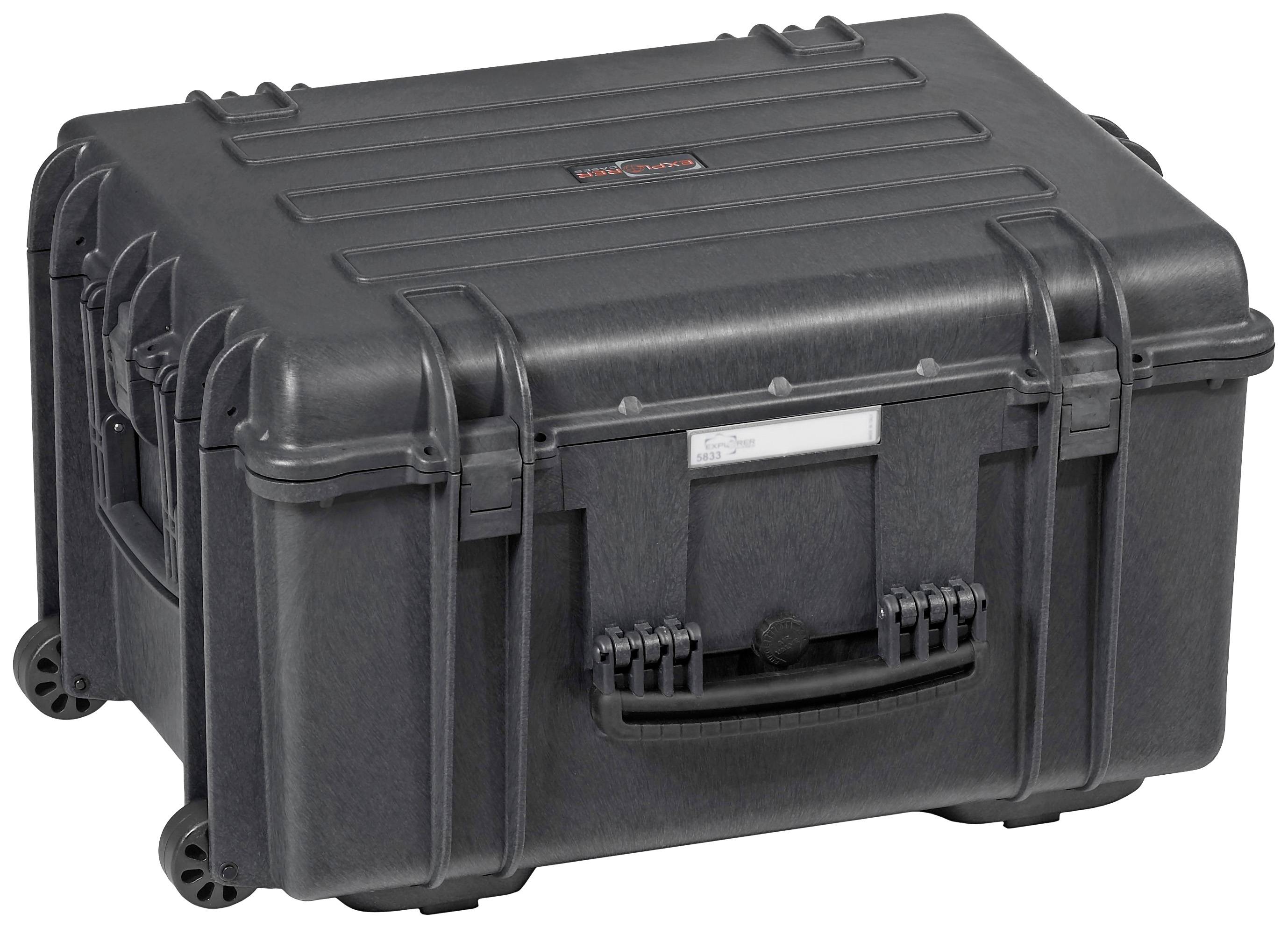 A black, robust hard-shell suitcase with wheels and handles, ideal for protecting delicate items during transport.