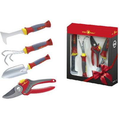 A set of five red and grey gardening tools in a gift box, including a spade, rake, secateurs, and two hand trowels.