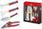 A set of five red and grey gardening tools in a gift box, including a spade, rake, secateurs, and two hand trowels.