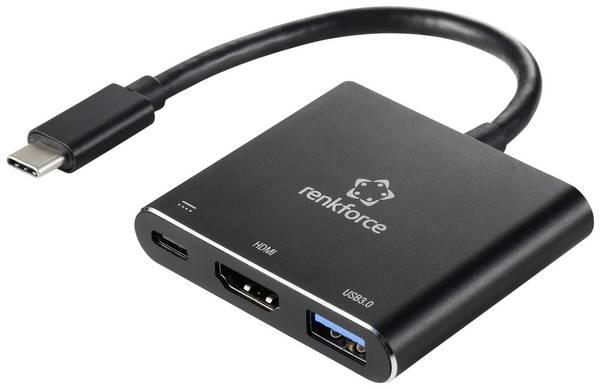 Renkforce RF-5133676 USB-C® / HDMI Adapter [1x USB-C® plug - 1x HDMI socket, USB-C® socket (Power Delivery), USB-A] Black  20 cm