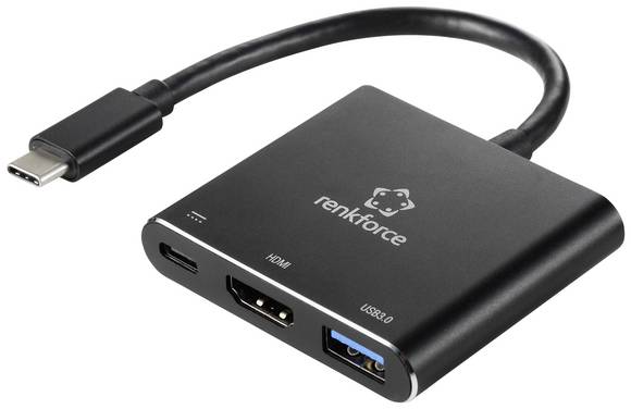 Renkforce RF-5133676 USB-C® / HDMI Adapter [1x USB-C® plug - 1x HDMI socket, USB-C® socket (Power Delivery), USB-A] Black  20 cm