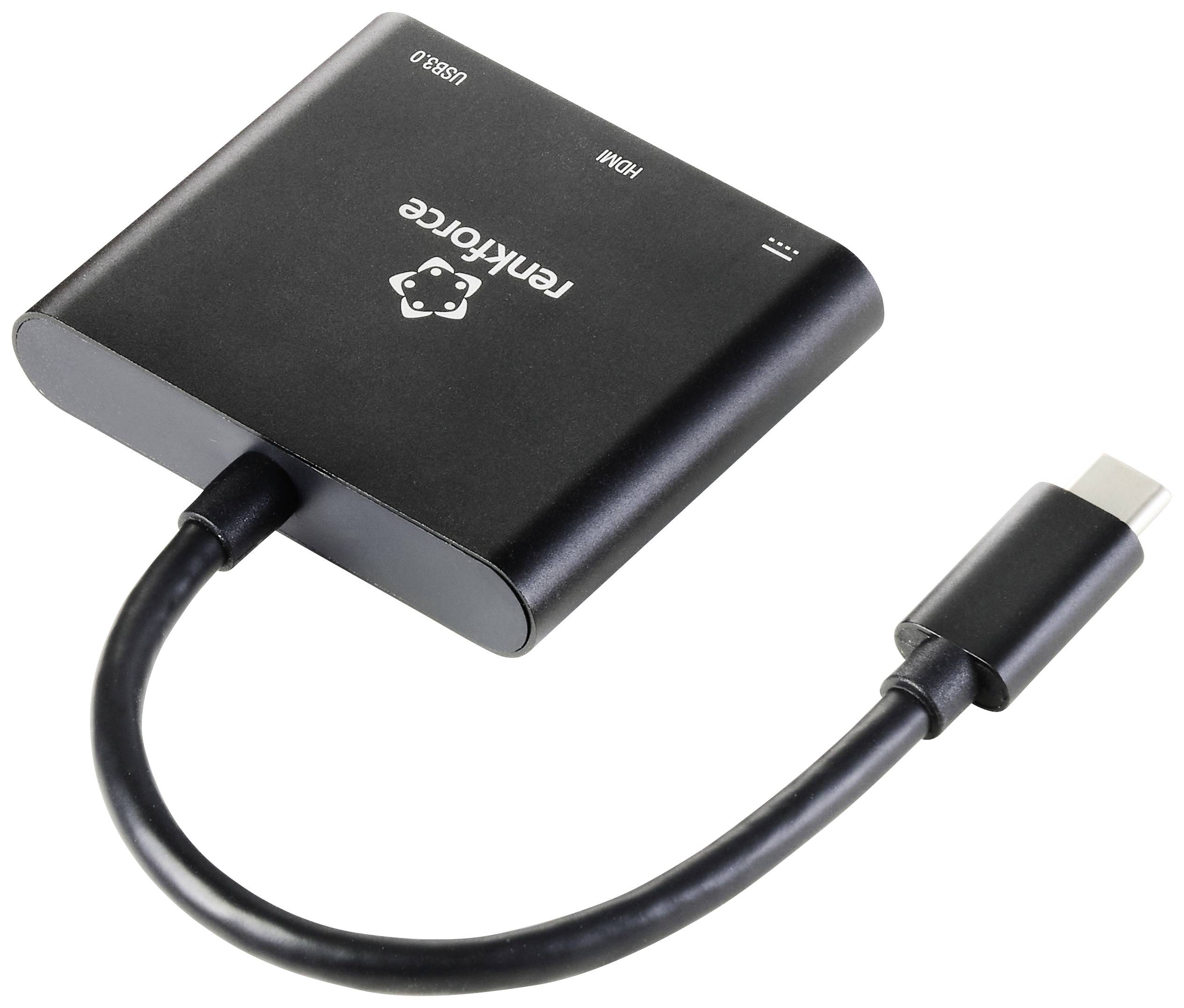 A black USB-C hub with multiple ports, including HDMI and USB 3.0. 'rankforce' text printed on the top surface.