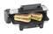 An electric contact grill with two grilled panini sandwiches, filled with lettuce, tomato, and ham.